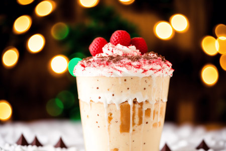 Cup of coffee with whipped cream and strawberries on the background of the Christmas treeの素材