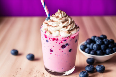 Blueberry smoothie with whipped cream and fresh berries on wooden backgroundの素材