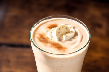 Banana smoothie in a glass on a wooden background. Selective focus.の素材