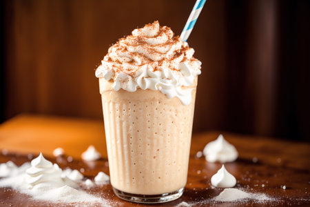 Mocha coffee with whipped cream and whipped cream on wooden backgroundの素材