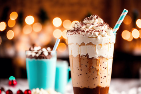 Hot chocolate with whipped cream and cocoa powder on a wooden background.の素材