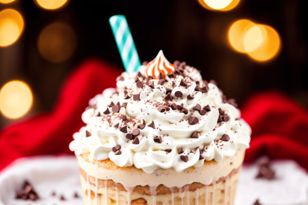 Cupcake with whipped cream and chocolate chips on a christmas backgroundの素材