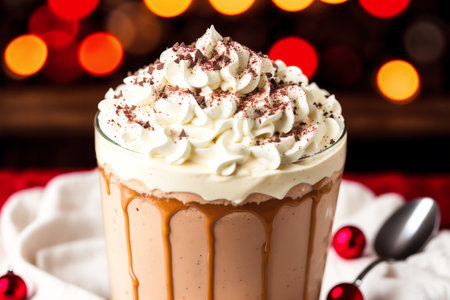 Hot chocolate with whipped cream and cocoa powder in a glass on a Christmas backgroundの素材