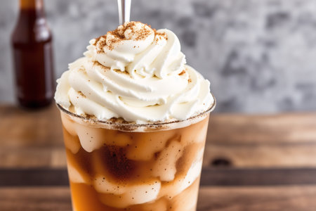 Iced coffee with whipped cream in a glass on a wooden table.の素材