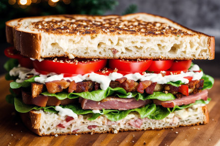Sandwich with bacon, tomato and lettuce on a wooden board.の素材