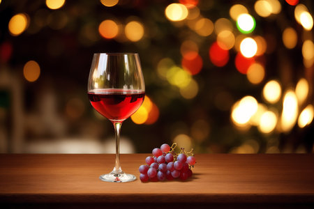 Wine glass and grapes on wooden table in front of blurred lightsの素材