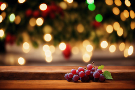 Grapes on wooden table with bokeh lights background.の素材