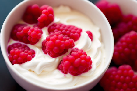 Creamy yogurt with raspberries in a bowl on a dark backgroundの素材