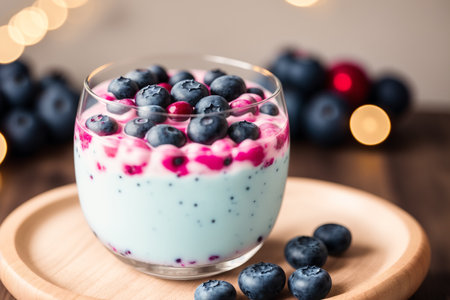 Blueberry yogurt with fresh blueberries in a glass on wooden backgroundの素材