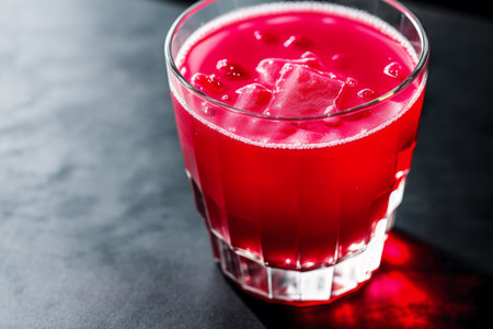 Cherry juice in a glass on a dark background. Selective focus.の素材