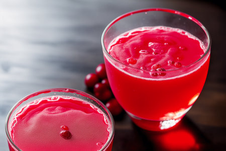 Cranberry smoothie in a glass on a wooden background.の素材