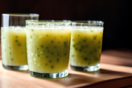 Iced green tea latte with milk in glass, stock photoの素材