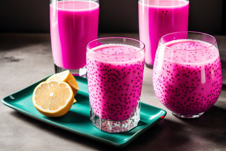 Pink dragon fruit smoothies in a glass with lemon on dark backgroundの素材