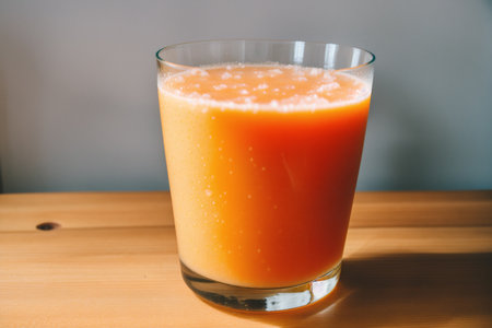 Carrot juice in a glass on the wooden table, stock photoの素材