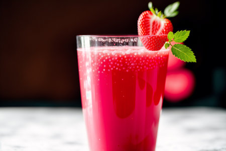 strawberry smoothie in a glass on a dark background.の素材