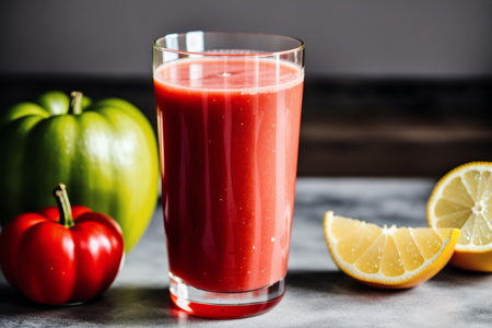 Glass of fresh tomato juice with pepper and lemon on dark background.の素材