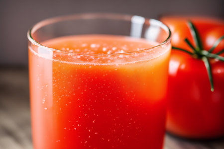 Fresh tomato juice in a glass on a wooden background. Selective focus.の素材