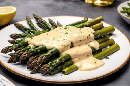 Asparagus with creamy hollandaise sauce on a plateの素材