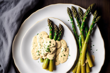 Asparagus with hollandaise sauce on a white plateの素材