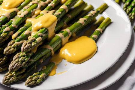 Asparagus with mustard and hollandaise sauce on a white plateの素材