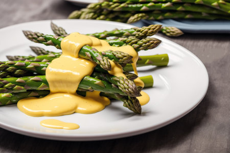 Asparagus with hollandaise sauce on a white plateの素材