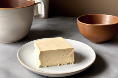 A piece of butter on a plate, next to two cups of coffeeの素材
