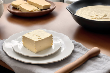 Butter on a plate with a wooden spoon on a wooden tableの素材