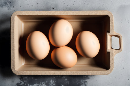 Eggs in a cardboard box on a gray background, top viewの素材