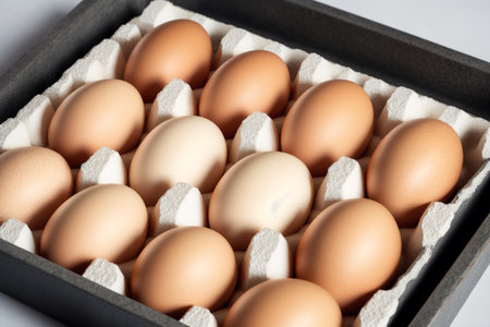 Eggs in a cardboard box on a white background. Close-up.の素材