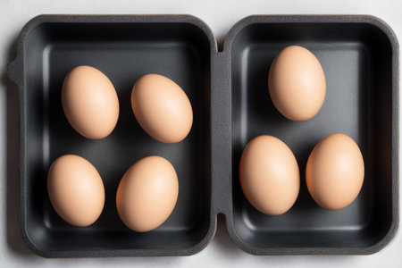Eggs in a tray on a white background, top viewの素材