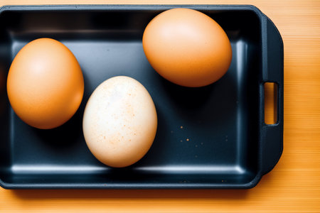 Eggs in a black tray on a wooden table. Top view.の素材