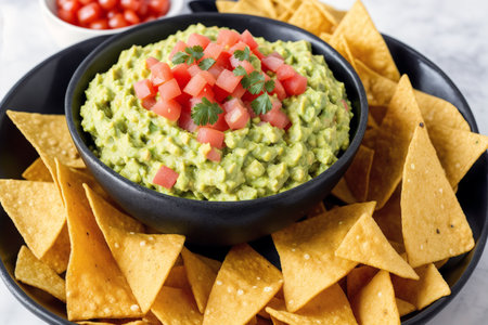 Bowl of guacamole with nachos chips, closeupの素材