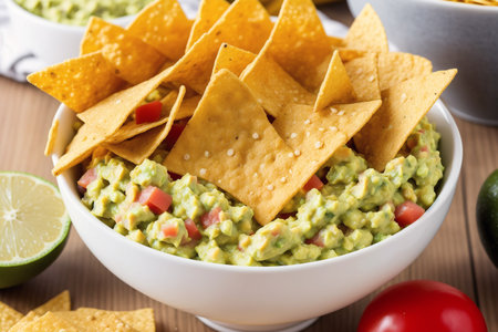 Guacamole with nachos chips on wooden background.の素材