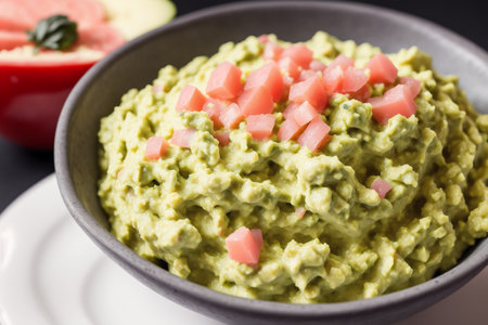 Guacamole in a bowl on a black background. Close up.の素材