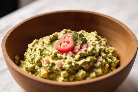 Bowl of guacamole with radish and parsleyの素材