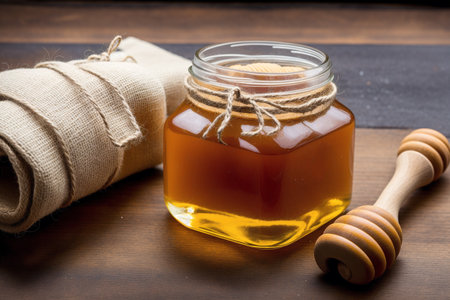 Honey in a glass jar with a wooden drizzler on a wooden backgroundの素材