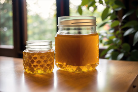 Honey in a glass jar on a wooden table with natural backgroundの素材