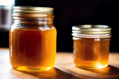 Honey in a glass jar on a wooden table. Black background.の素材