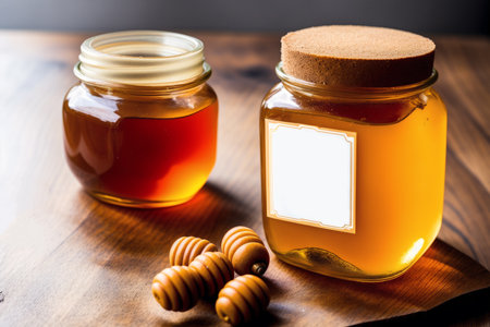 Honey in a glass jar on a wooden background. Copy space.の素材