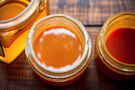 Tomato sauce in a glass jar on a wooden background. Selective focus.の素材