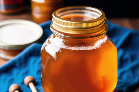 Honey in a glass jar with honey dipper on a wooden tableの素材