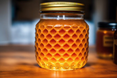 Honey in a glass jar on a wooden table. Close upの素材