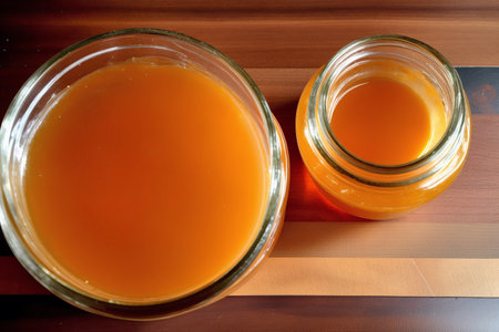 Two glass jars with orange juice on a wooden table, top viewの素材