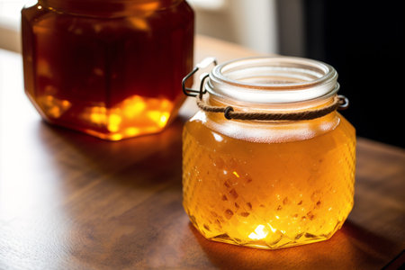 Honey in a glass jar on a wooden table, close-upの素材