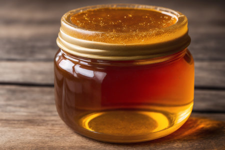 Honey in a jar on a wooden background. Close up.の素材