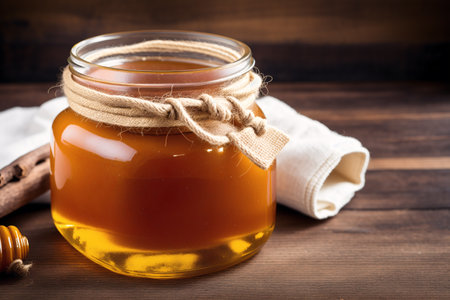 Honey in a glass jar on a wooden background. Selective focus.の素材