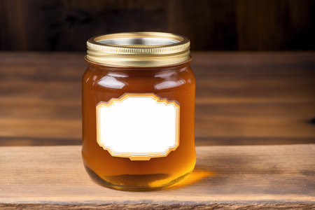 Honey in a glass jar on a wooden background. Copy space.の素材