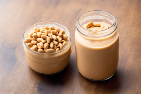 Creamy peanut butter in a glass jar on a wooden tableの素材
