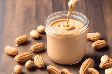 Peanut butter in a glass jar on a wooden table with almondsの素材