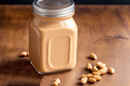 Almond milk in a glass jar on wooden background, copy spaceの素材